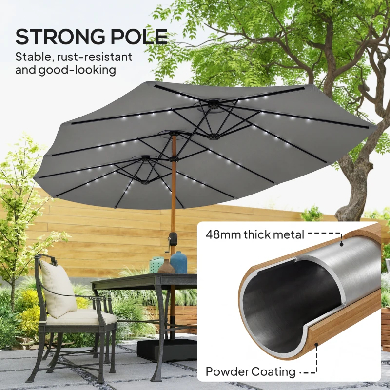 Outsunny Double Sided Garden Parasol with Base Included & 48 Solar LED Lights Patio Umbrella Crank Handle 4.6m Light Grey