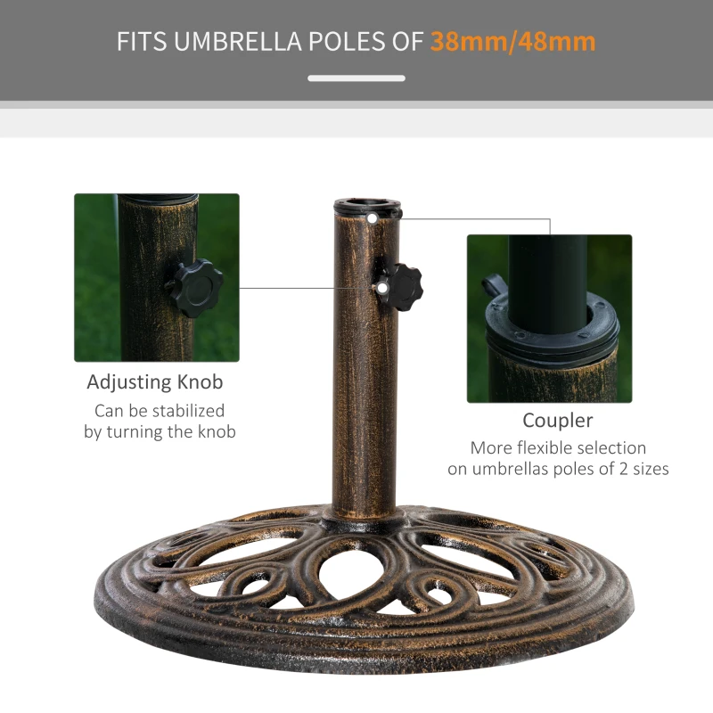 Outsunny 11.5 kg Cast Metal Round Patio Umbrella Base Stand, Umbrella Holder for Outdoor, Patio, Garden, Bronze Tone