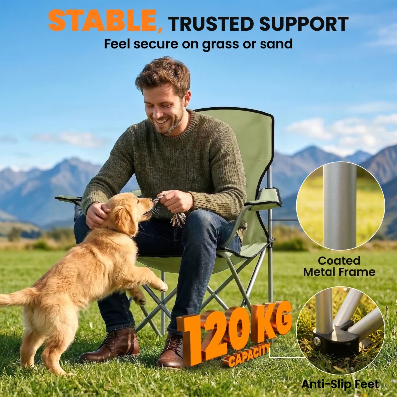 Outsunny Camping Chair Set of 2 Portable Folding Outdoor Camp Chair with Cup Holders and Carry Bag Green