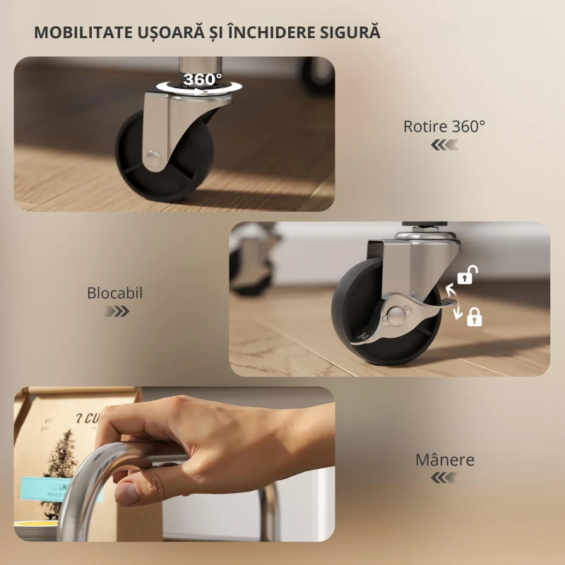 HOMCOM Cărucior multifuncțional cu 4 niveluri, cu raft central reglabil și margini înălțate, din oțel inoxidabil, 60x35x77 cm