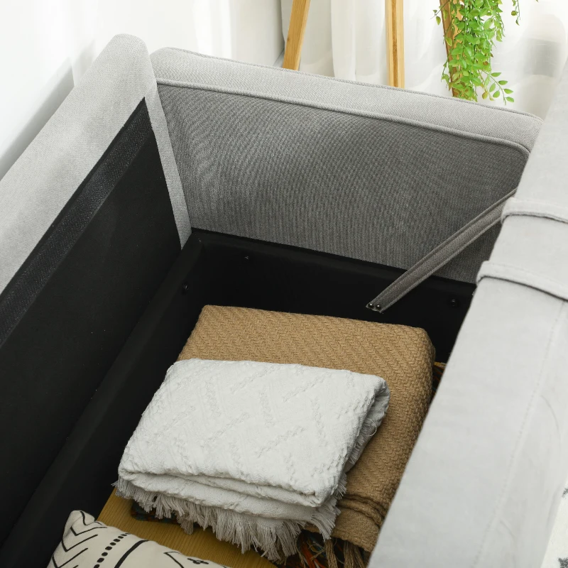 HOMCOM 2 Seater Storage Sofa, Fabric Couch with Hidden Under Seat Storage, Thick Cushions, Compact Space Saving Settee with Rubberwood Legs for Living Room, Apartment, Light Grey