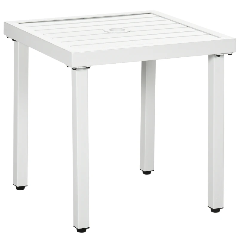 Outsunny Garden Side Table End Table Patio Coffee Table with Umbrella Hole, Steel Frame for Balcony, White