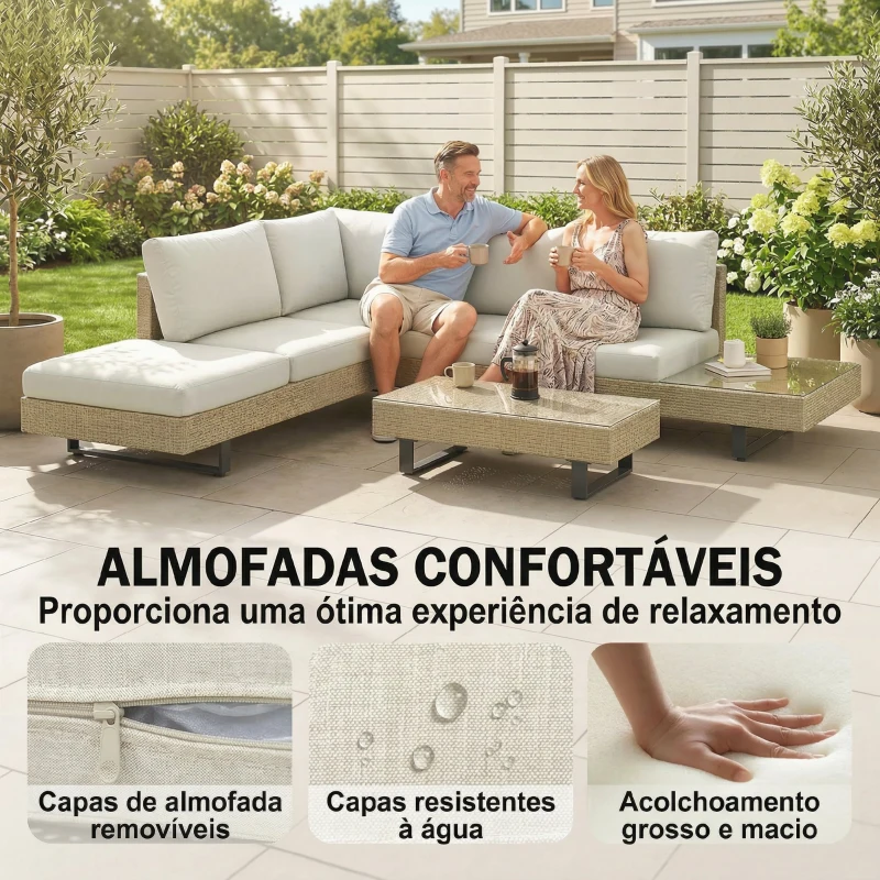 Outsunny Conjunto de Jardim em Vime de 3 peças com Sofá Modular de 3 e 2 Lugares Mesa Lateral e Mesa de Centro Bege