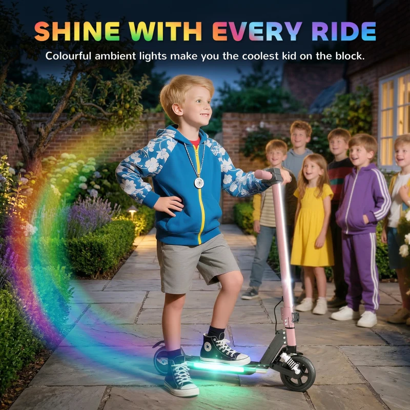 SPORTNOW Folding Electric Scooter for Kids, with Dual Brakes, Front Suspension, LED Colourful Lights, Pink