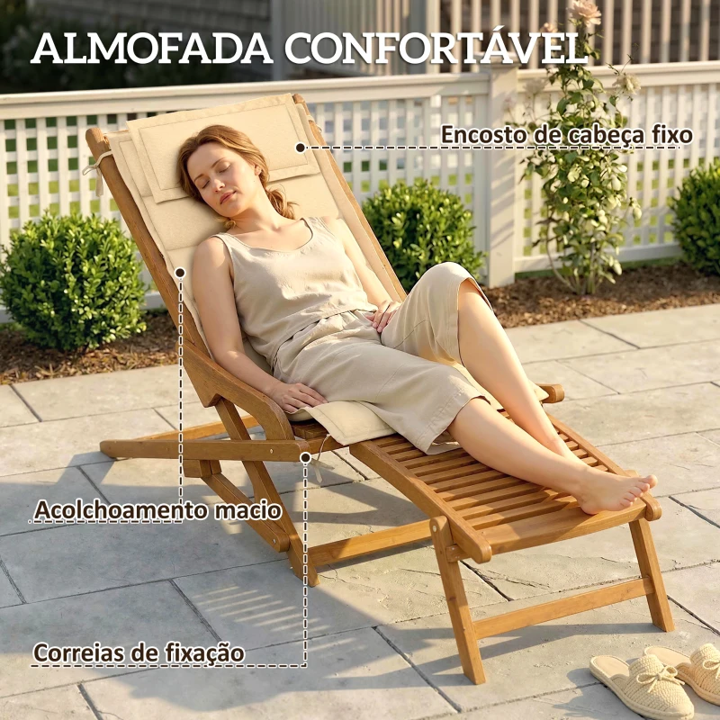 Outsunny Espreguiçadeira Dobrável de Madeira de Acácia com Descanso para os Pés Removível e Almofada com Apoio de Cabeça 158x61x70 cm Bege