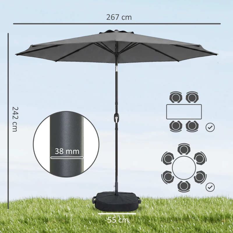 Outsunny 2.7 m Garden Parasol Umbrella with Cross Base and Sandbag, Retractable Ribs, Outdoor Table Market Umbrella, Light Grey