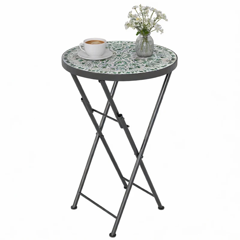 Outsunny Mosaic Outdoor Garden Table, 35.5cm Round Folding Coffee Table with Metal Frame for Balcony Terrace, Green