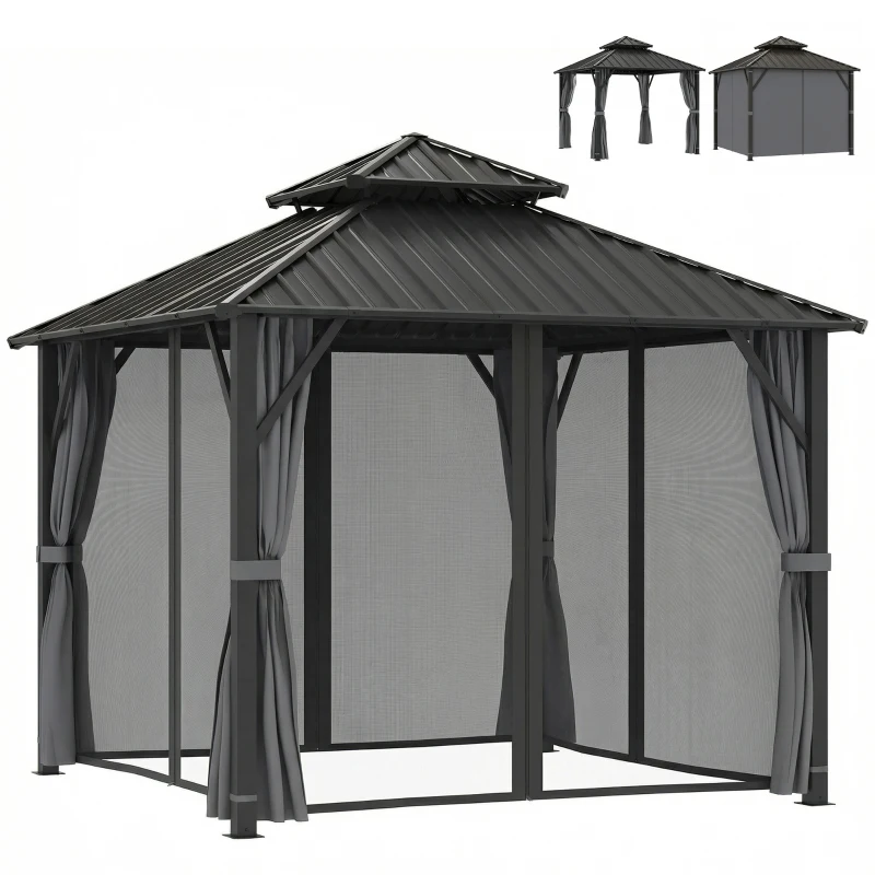 Outsunny 3 x 3(m) Hardtop Gazebo Canopy with Metal Roof, Waterproof Permanent Pavilion Garden Gazebo with Netting, Curtains, Grey