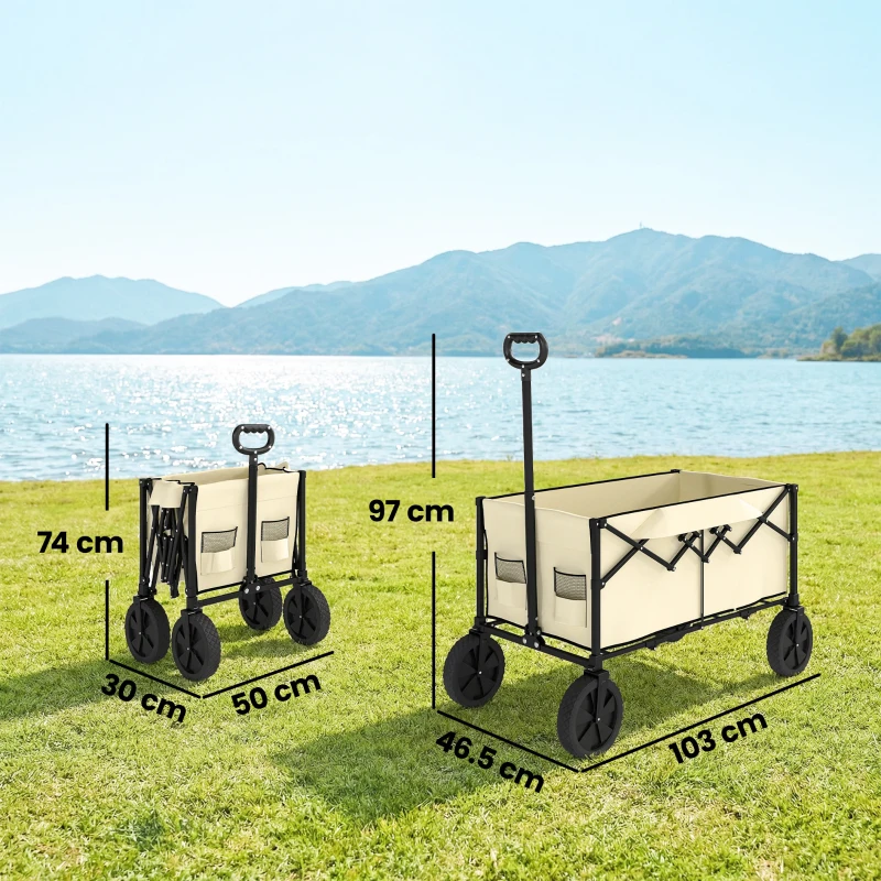 Outsunny 95L Foldable Festival Trolley on Wheels, Collapsible Wagon Cart with Adjustable Handle and 2 Cup Holders, Khaki