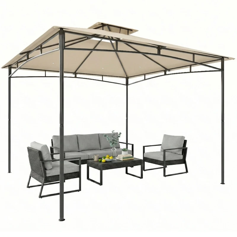 Outsunny 3 x 3 m Gazebo, Garden Gazebo with 2-Tier Roof, Metal Frame, Khaki