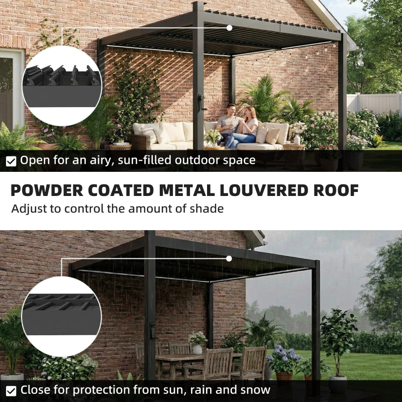 Outsunny 3 x 3 m Louvered Pergola with Solar LED lights, Metal Roof, Patio Gazebo Pergola Canopy with Drainage Gutters, Black