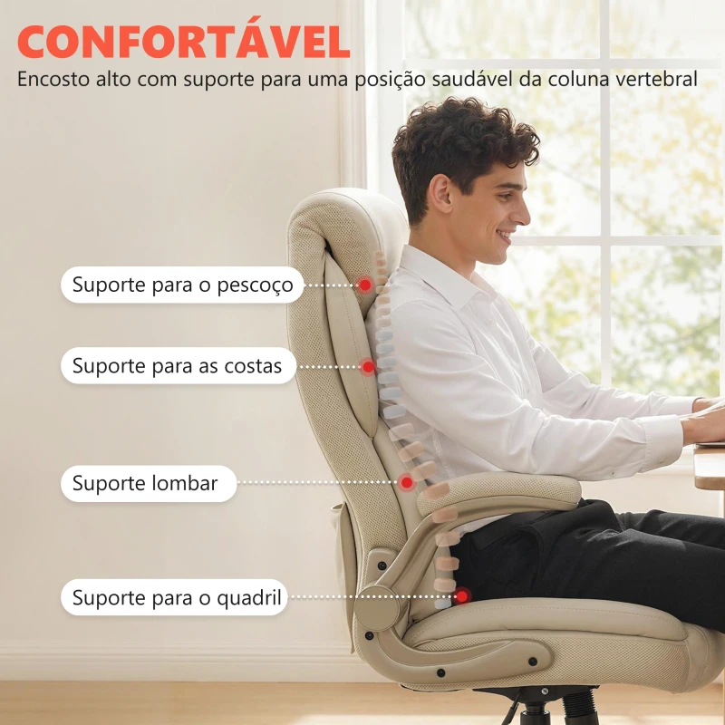 HOMCOM Cadeira de Escritório com Massagem Vibratória de 4 Pontos Aquecimento Lombar Apoios de Braços Rebatíveis Encosto Alto Altura Ajustável Creme