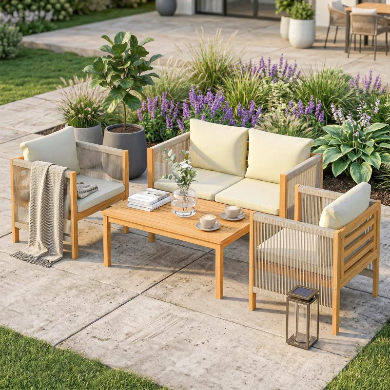 Outsunny Salon de Jardin Ensemble de Mobilier 4 Pièces en Bois d'Acacia Coussins Déhoussables et Corde Tressée Naturel