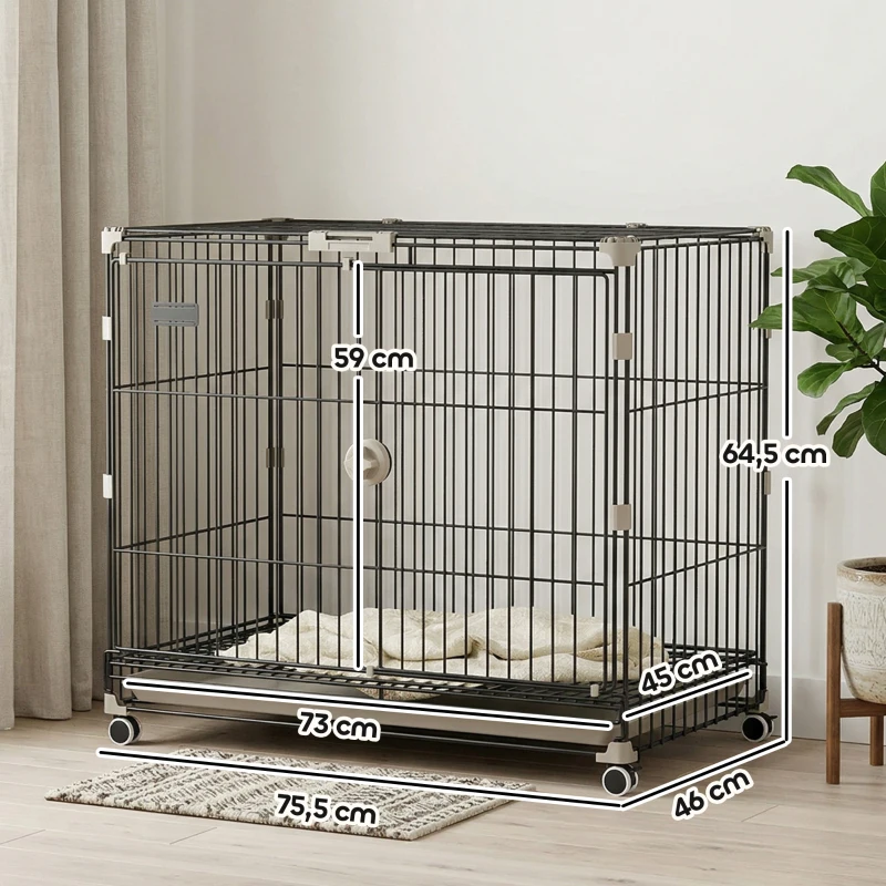 PawHut Gaiola para Cães Dobrável, Bandeja Removível, Rodas com Travas, Teto Abrível, Porta de Alimentação, 75,5x46x64,5cm, Preto