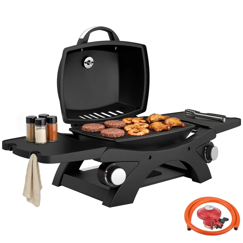Outsunny 2 Burner Gas Grill with 2 Detachable Side Tables, 3.8 KW Steel Barbecue Grill with Cast Iron Grates, Lid, Thermometer