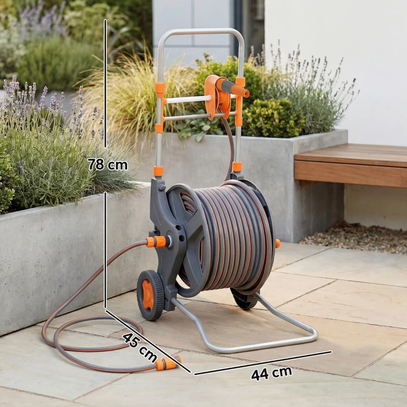 Outsunny Hose Reel Cart with Wheels, 45+2m Garden Hose Reel with 2 Patterns Nozzle, Faucet Adaptors and Rewind Handle, Orange