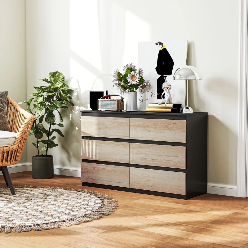 HOMCOM Commode 6 tiroirs meuble de rangement sans poignées design minimaliste 120 x 39 x 75 cm noir et bois naturel