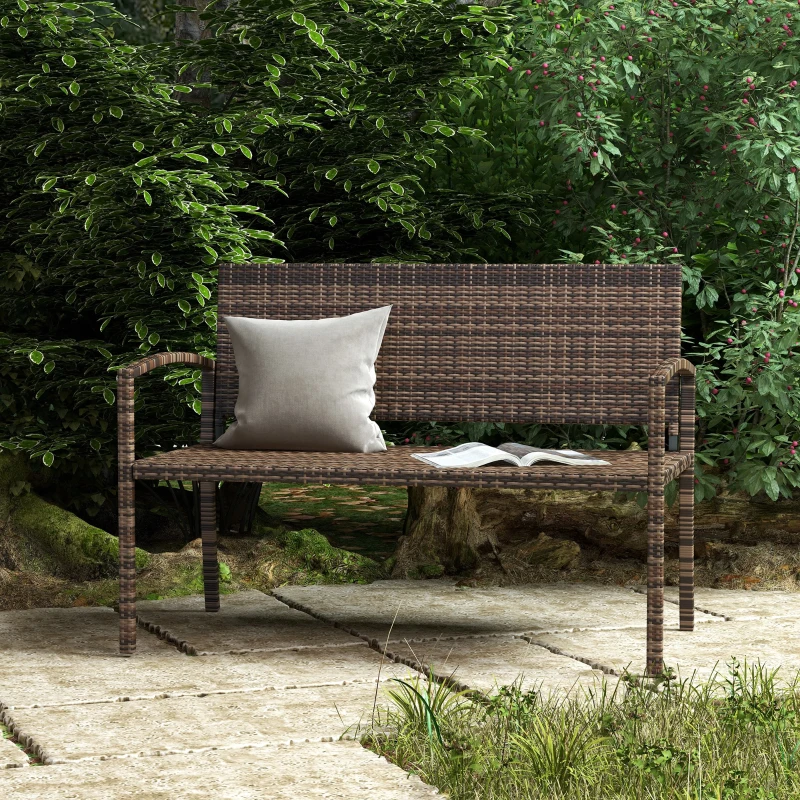 Outsunny All Weather Wicker Garden Loveseat, 2 Seater Poly Rattan Garden Bench, Outdoor Seating Bench Brown