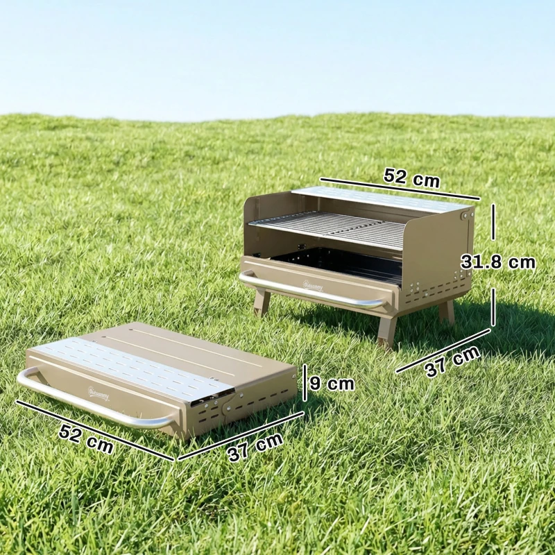Outsunny Portable BBQ Grill, Charcoal Barbecue Grill with Adjustable Grates, Foldable Legs, Side Shelf for Camping Travel, Khaki
