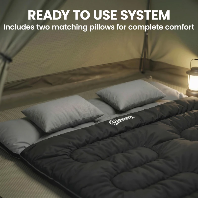 Outsunny Double Sleeping Bag with 2 Pillows, 220 x 160 cm Extra-Large Sleeping Bag for Adults, Black