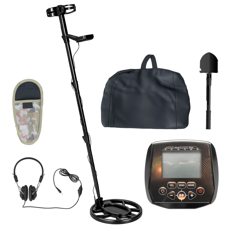 Outsunny Metal Detector for Adults, IP68 Waterproof Search Coil with LCD Display, 5 Modes Gold Detector with Carry Bag, Shovel