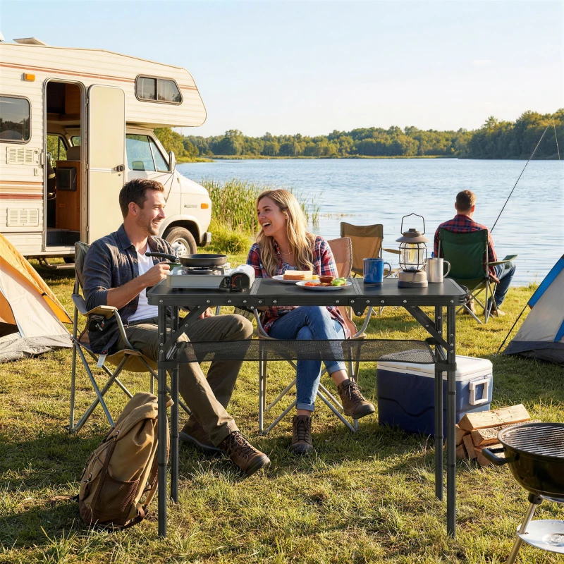 Outsunny 3ft Folding Camping Table, Picnic Table with Mesh Storage Layer, Carrying Bag and Metal Frame, Black