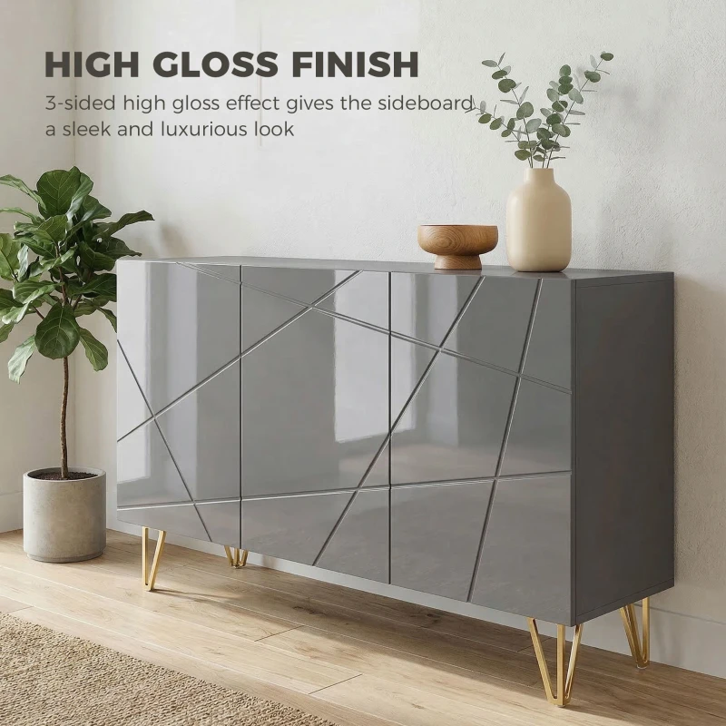 HOMCOM Modern Luxe High Gloss Sideboard, with Hairpin Legs, Grey