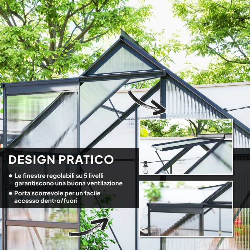 Outsunny Serra in Policarbonato e Alluminio con Porta a Battente e Finestra a Tetto, 192.5x131x200 cm, Grigio