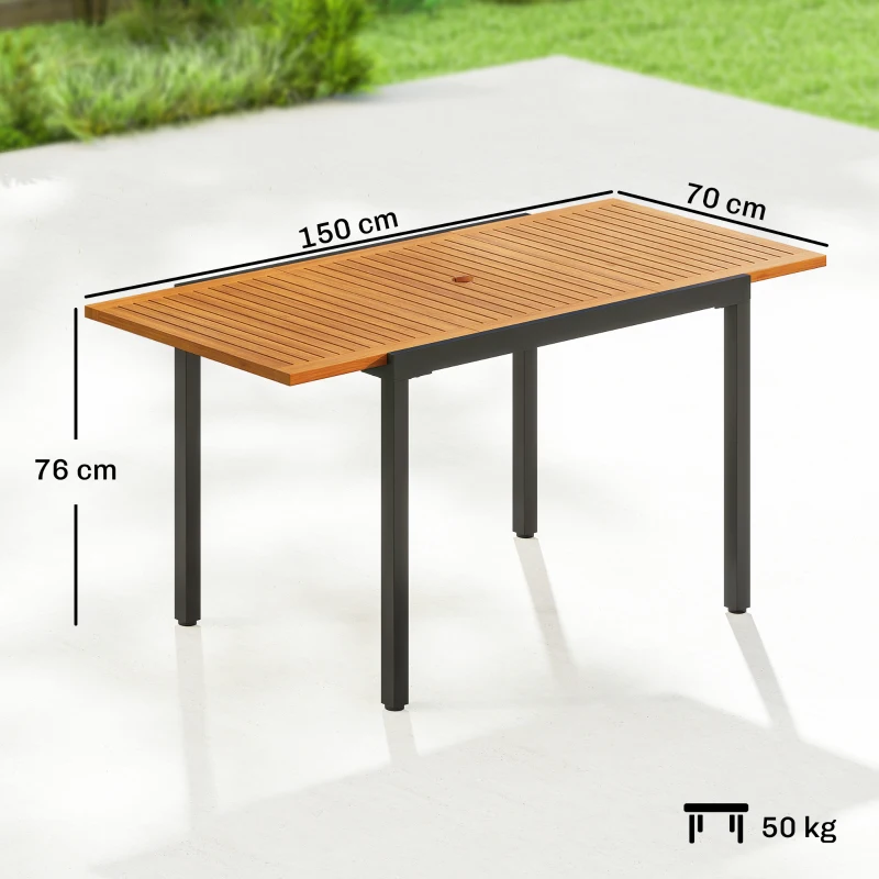 Outsunny Table de Jardin Extensible 100/150x70 cm en Bois et Métal avec Trou pour Parasol pour 4-6 Personnes Teck