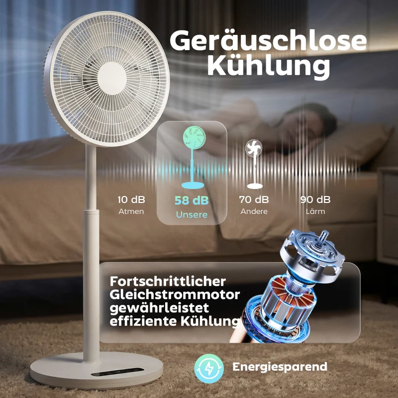HOMCOM Standventilator mit Fernbedienung und 12 Geschwindigkeiten, Bodenventilator mit verstellbarer Höhe für das Schlafzimmer, Weiß