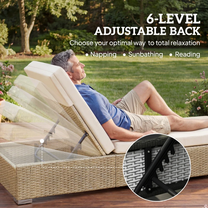 Outsunny Rattan Sun Loungers Set of 2 with Side Table, Garden Recliner Sunbeds with Adjustable Back, Cushions, Beige