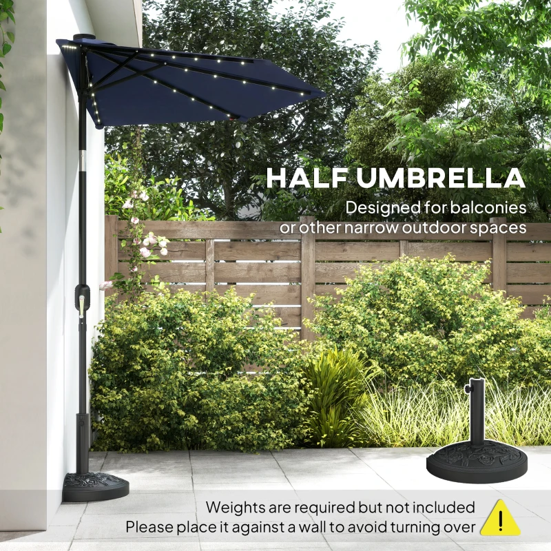 Outsunny 2.6 m Half Garden Parasol with Solar LED Lights, UPF50+ Semi Round Umbrella with 30° Tilt, Crank Handle, Dark Blue