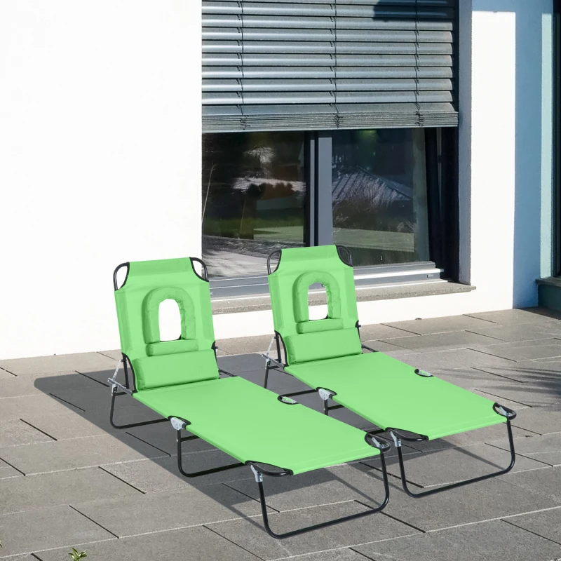 Outsunny Lot de 2 Bains de Soleil Pliable transat inclinable 4 Positions Chaise Longue de Lecture 3 Coussins fournis Vert
