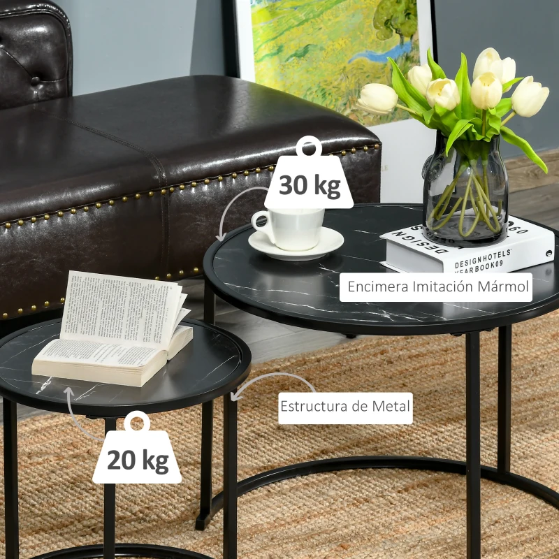 HOMCOM Conjunto de 2 Mesas Auxiliares Redondas Empilháveis Mesa de Centro Modernas com Bancada em Efeito de Mármore e Estrutura de Aço Ø60x46cm e Ø40x40cm Preto
