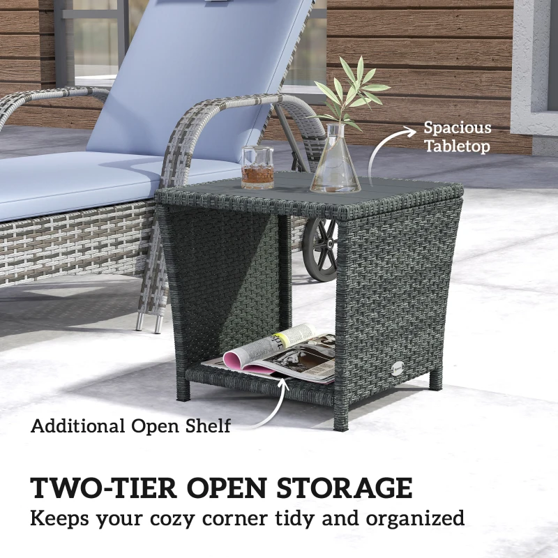 Outsunny Side Table 2-Tier Outdoor Coffee Table with Storage Shelf PS Wood Slat Top/Grey
