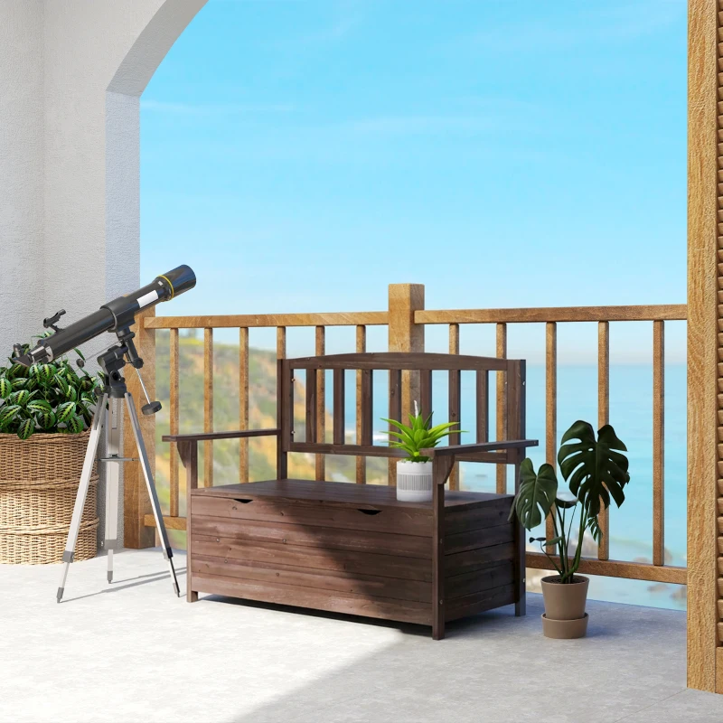 Outsunny Outdoor 2 Seater Garden Bench, Wooden Bench with Storage, Backrest, Arm Rests, 112 x 84 x 58 cm, Brown