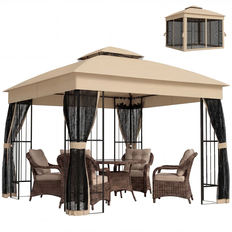 Outsunny 3 x 3 m Outdoor Garden Gazebo with Post Shelves, UPF50+ Double Roof Patio Permanent Pavilion, Brown