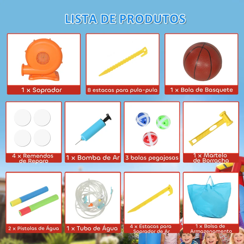 AIYAPLAY Castelo Insuflável Aquático 7 em 1 com Insuflador 450W 2 Escorregas Trampolim Piscina Cesto Coluna de Boxe 426x360x198 cm Multicor