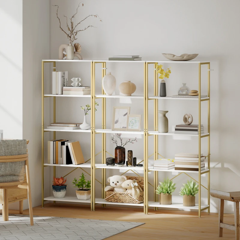 HOMCOM 5-Tier Bookshelf, Modern Bookcase with Metal Frame - White and Gold Tone