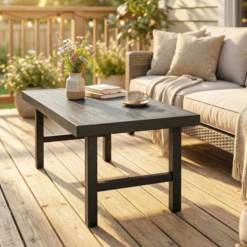 Outsunny Metal Garden Coffee Table, Outdoor Side Table with SPC Woodgrain Tabletop for Outside, 100 x 52 x 46cm, Dark Grey