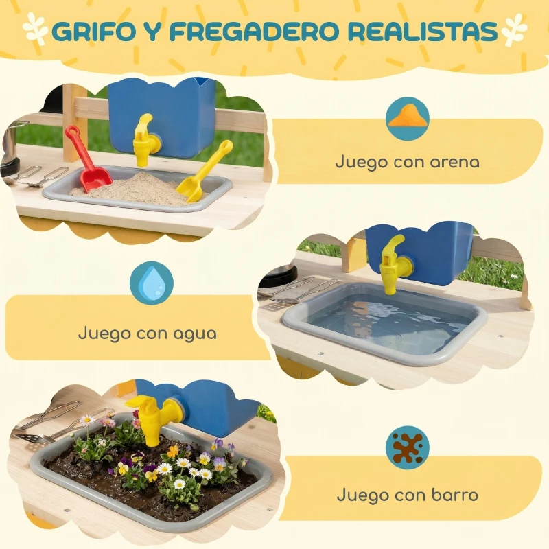 AIYAPLAY Cocina de Juguete Exterior de Madera con Ruedas Agua Real Macetas Pizarra y 15 Accesorios 84,2x34,4x90 cm Amarillo