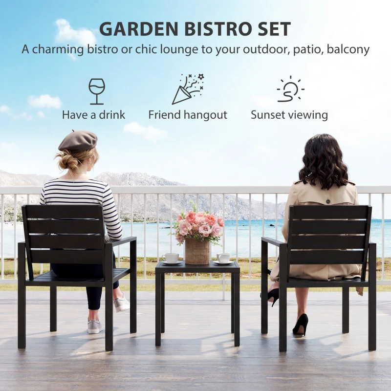 Outsunny 3 Pieces Garden Bistro Set for 2, Outdoor Bistro Table and Chairs with Metal Frame, Plastic Patio Furniture Set