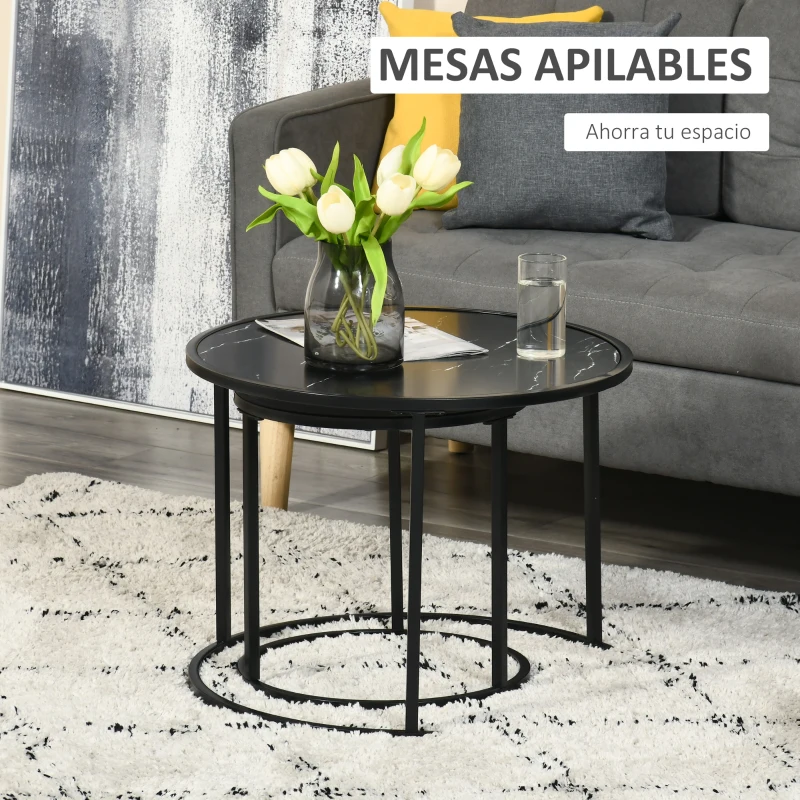 HOMCOM Conjunto de 2 Mesas Auxiliares Redondas Empilháveis Mesa de Centro Modernas com Bancada em Efeito de Mármore e Estrutura de Aço Ø60x46cm e Ø40x40cm Preto