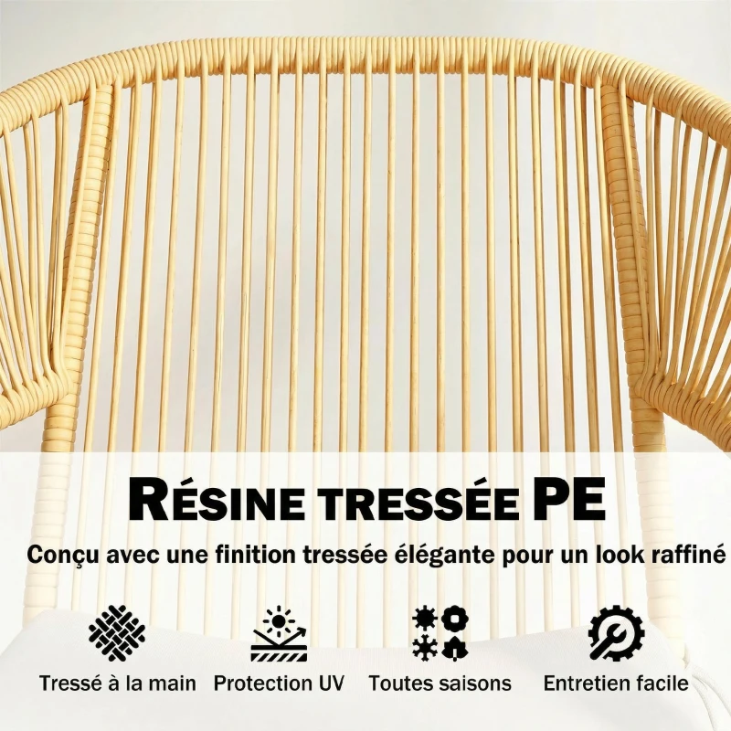 Outsunny Ensemble Bistro Salon de Balcon 3 Pièces 2 Fauteuils Confortables et Table en Verre Trempé Coussins Déhoussables Beige