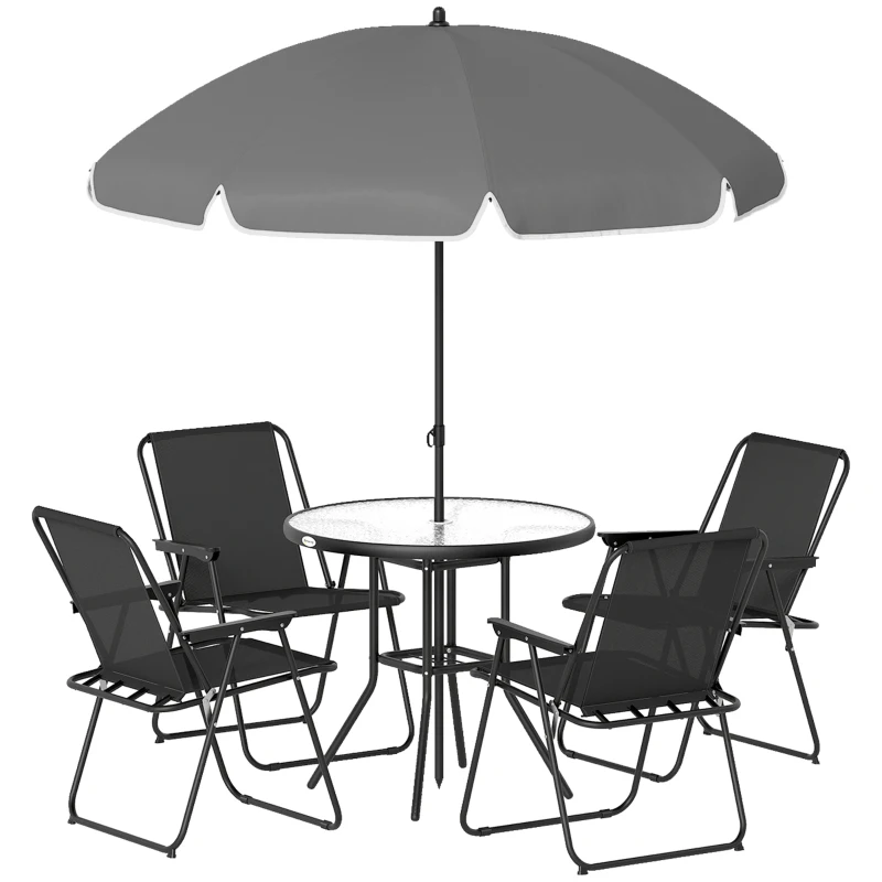 Outsunny 4 Seater Garden Furniture Set, 6 Pieces Garden Table and Chairs with Parasol for Patio, Black