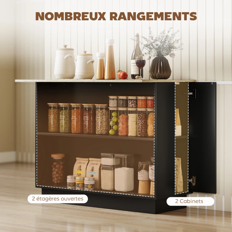 HOMCOM Desserte îlot de cuisine étagère réglable 2 compartiments ouverts 2 placards plan de travail effet bois 105 x 60 cm noir