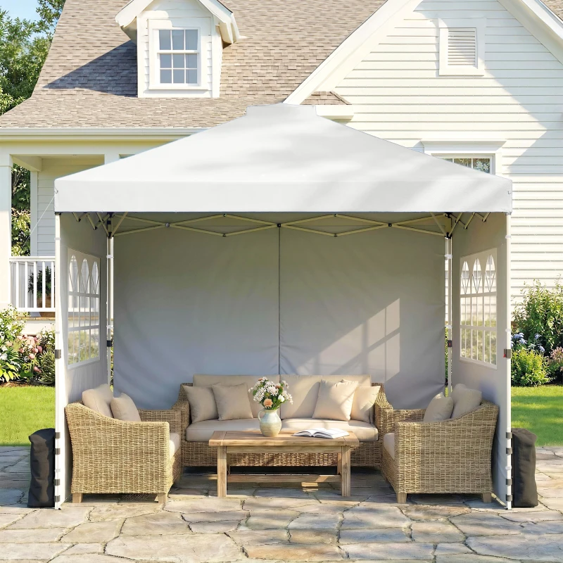 Outsunny Pop Up Gazebo Waterproof Height Adjustable Canopy with 3 Sidewalls Wheeled Bag for Parties 3 x 3 m White