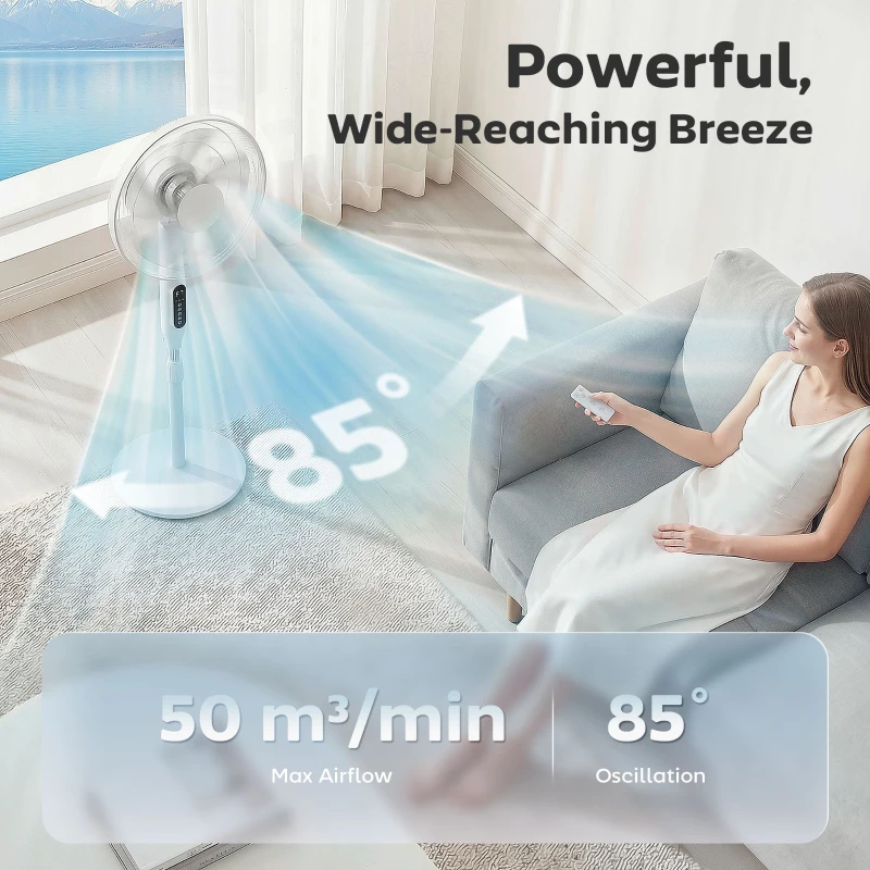 HOMCOM Wentylator stojący z 15-godzinnym timerem, oscylacją 85°, panelem LED, pilotem, biały