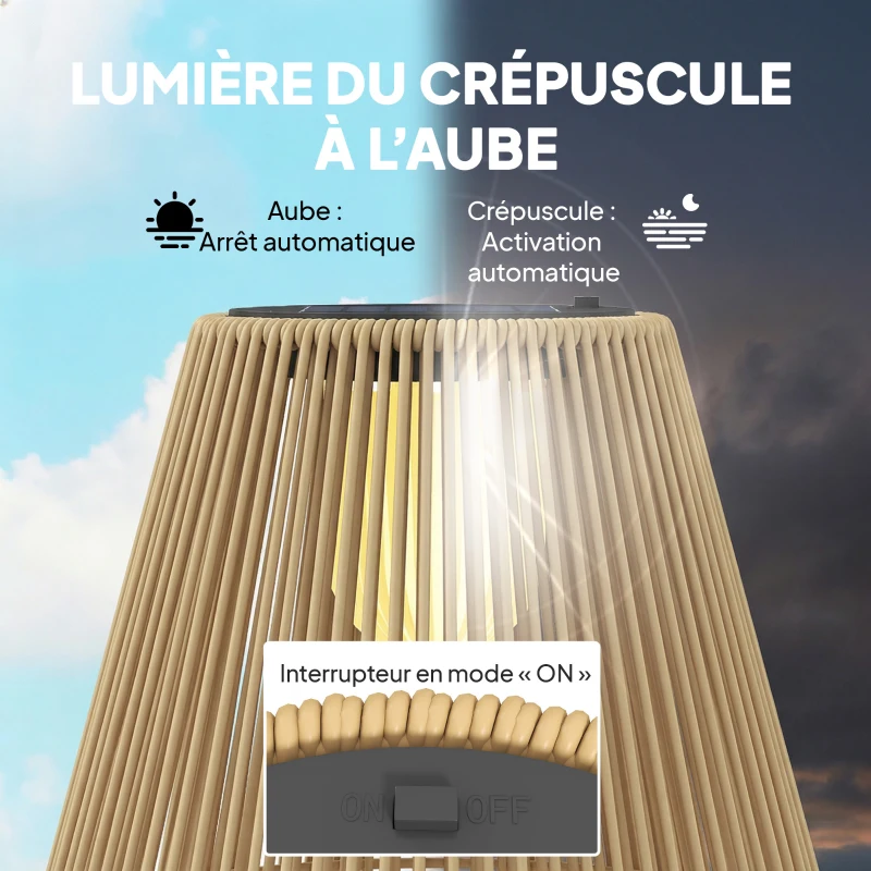 Outsunny Lanterne Solaire Extérieure en résine tressée lampadaire sans fil rechargeable  capteur de lumière 35 x 35 x 55 cm jaune