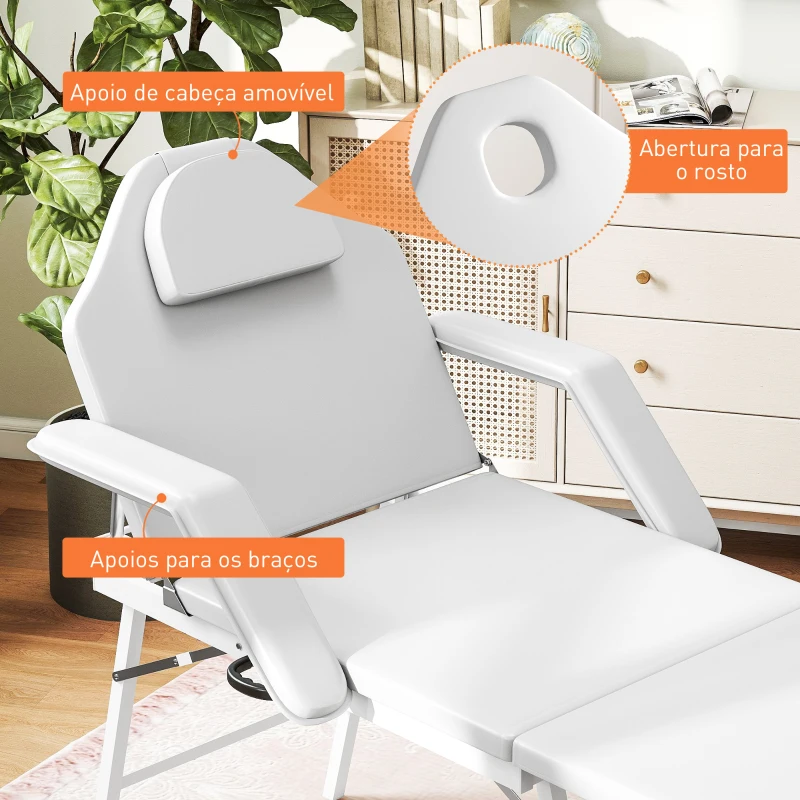 HOMCOM Marquesa de Massagem Dobrável Portátil de 3 Secções com Encosto Ajustável Apoio de Cabeça e Braços 182x82x68 cm Branco
